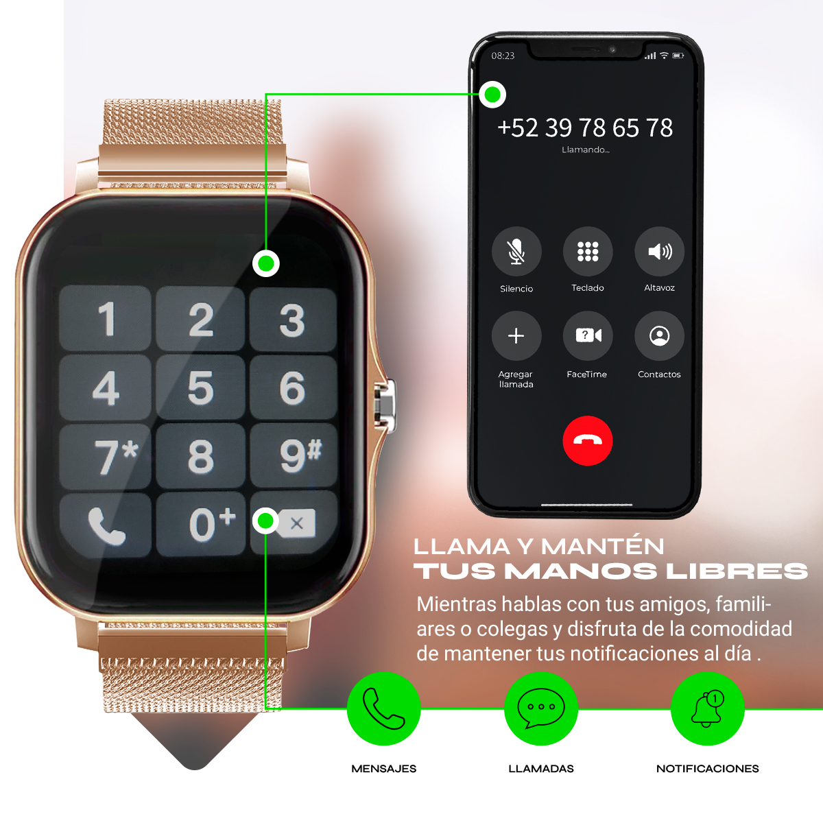 Smartwatch Mujer Reloj Inteligente Deportivo Mesh Oro Rosa 