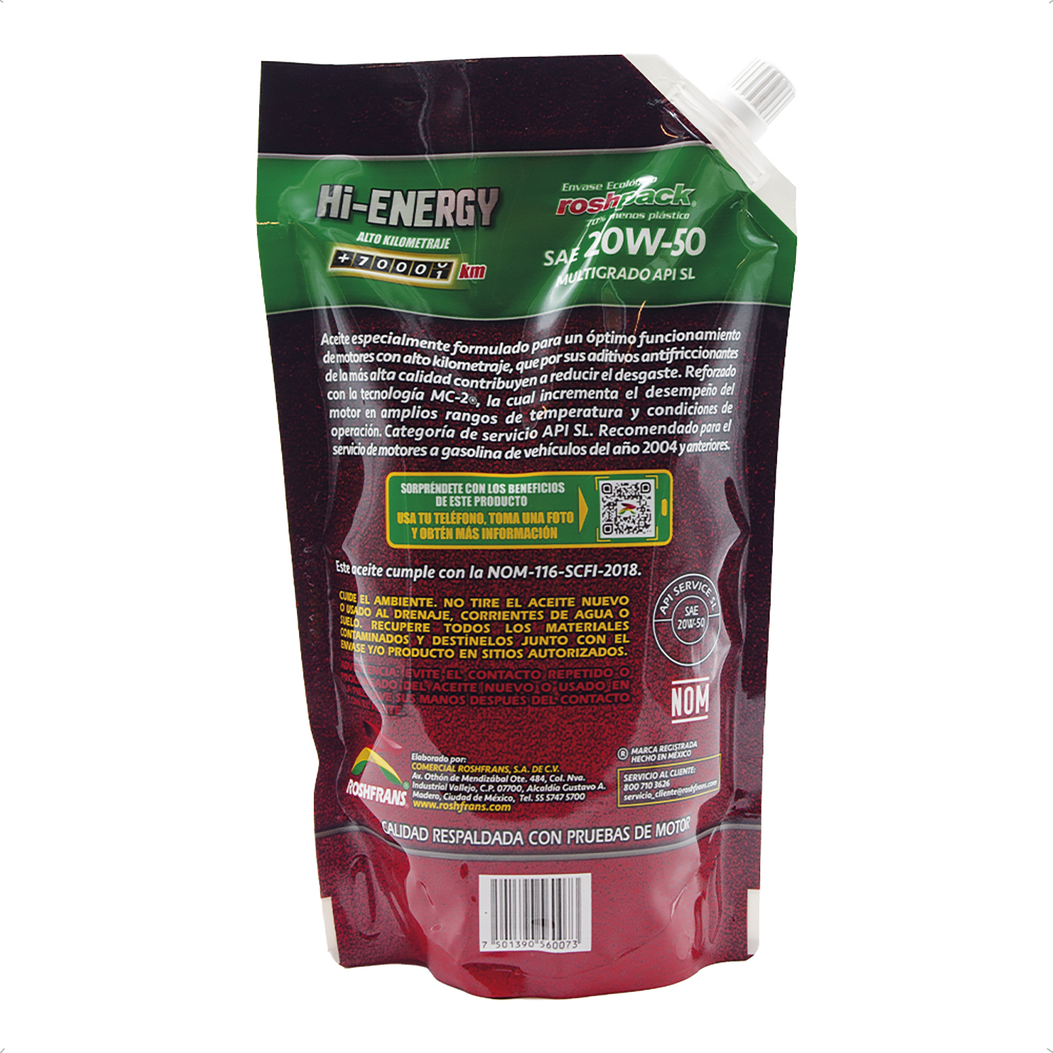 Aceite Motor 20W50 HI-ENERGY 950 ml Roshfrans 