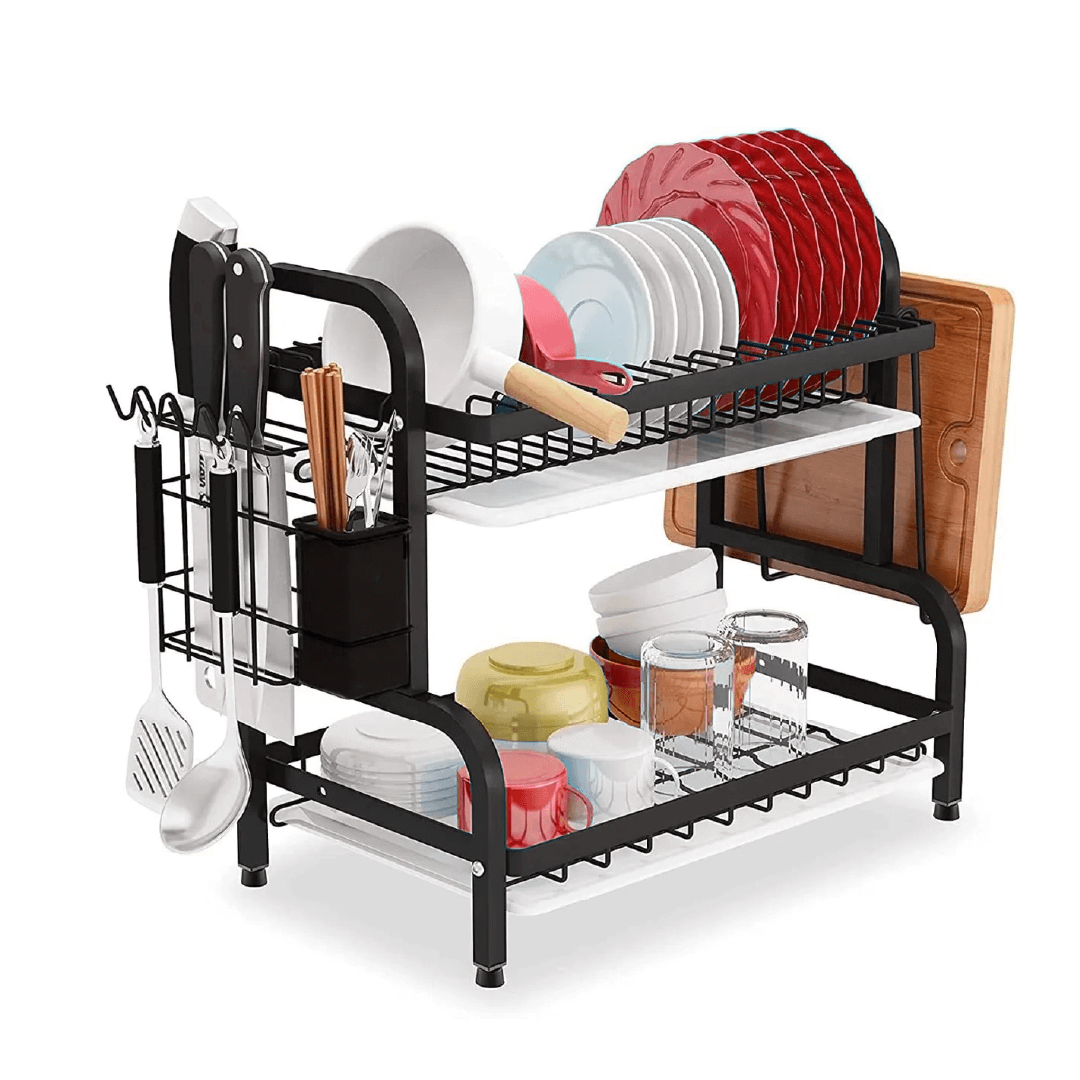 Escurridor de platos, 2 niveles de acero inoxidable, Escurridor de trastes elegante para cocina, con soporte para tabla de cortar y cubiertos a prueba de oxido.
