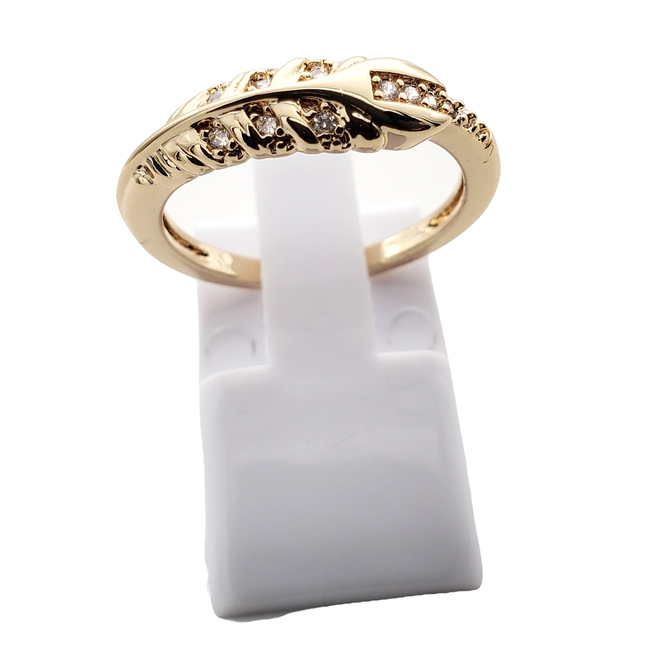 Anillo chapa de oro 18k montadura de zircónias pluma