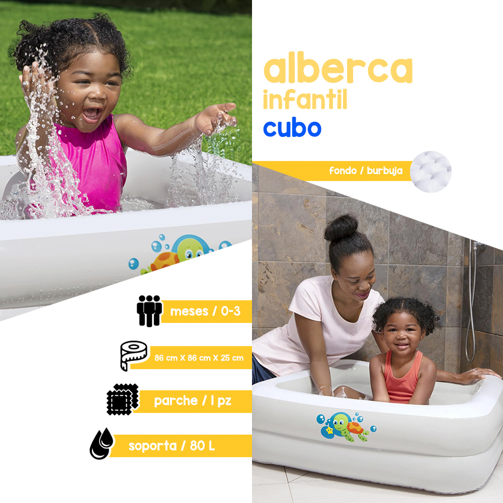 Alberca Piscina Inflable Bañera Cuadrada para Bebé 2 Anillos 86 x 86 cm.