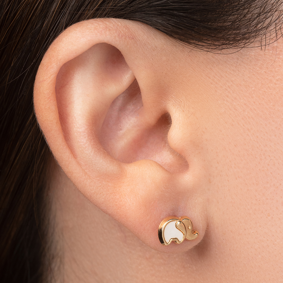 Aretes de Oro 14K broquel con Madre Perlas Elefantitos Marca GIALLO Jewelry Joyería mexicana Oro 14K para Bebé, niñas, adultos