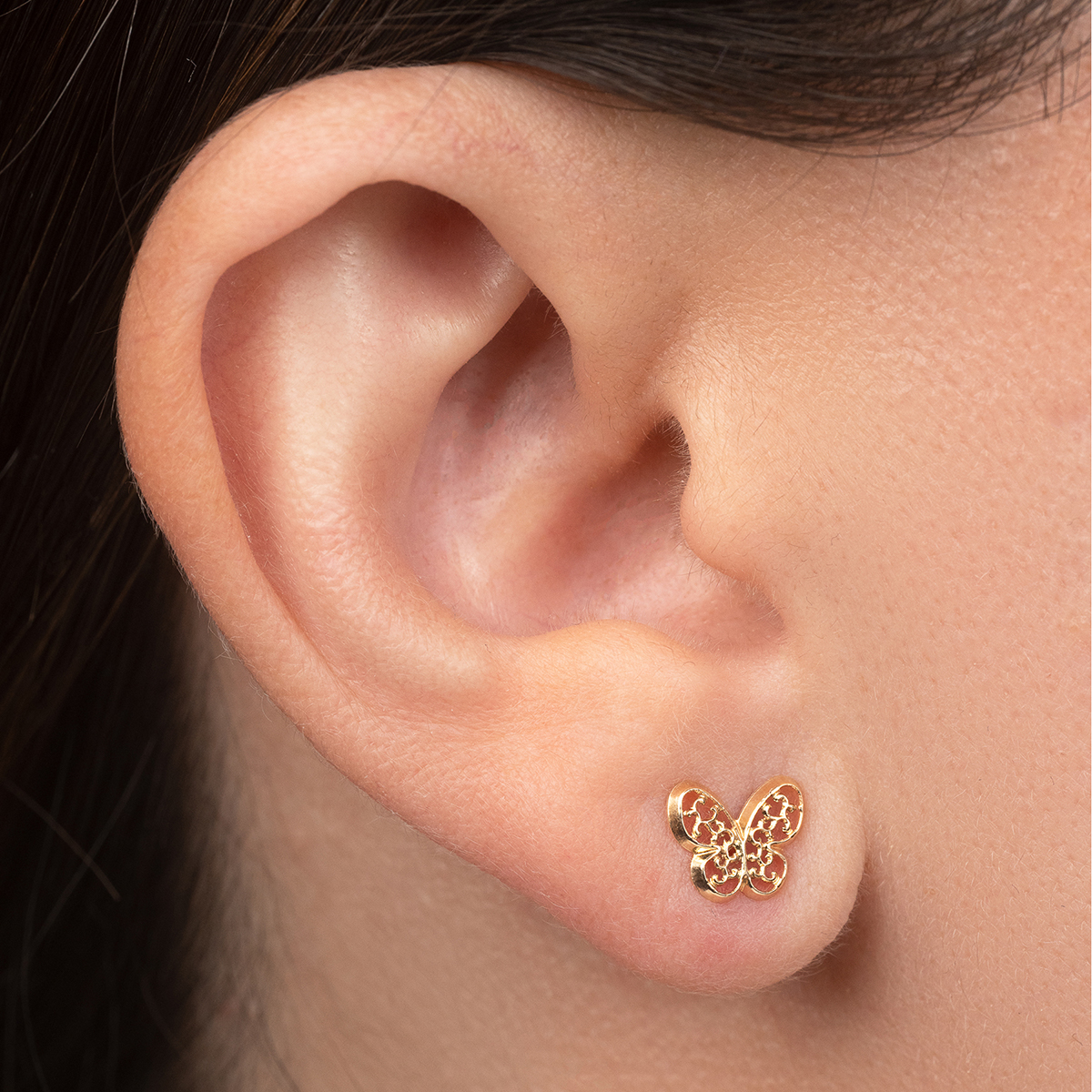 Aretes de Oro 14K broquel Mariposas con Filigrana Marca GIALLO Jewelry Joyería mexicana Oro 14K para Bebé, niñas, adultos