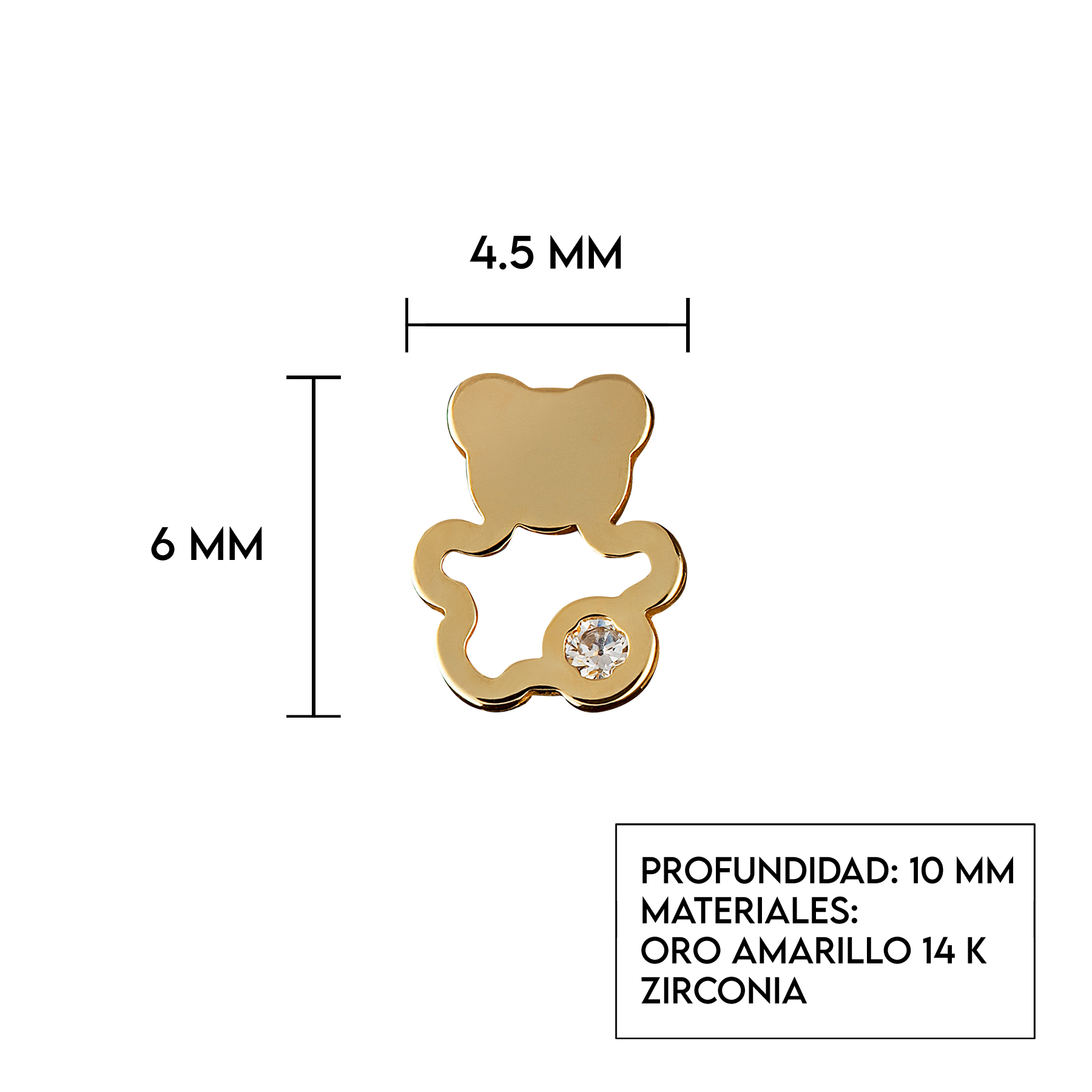 Aretes de Oro 14K broquel con circonia Oso Marca GIALLO Jewelry Joyería mexicana Oro 14K para Bebé, niñas, adultos
