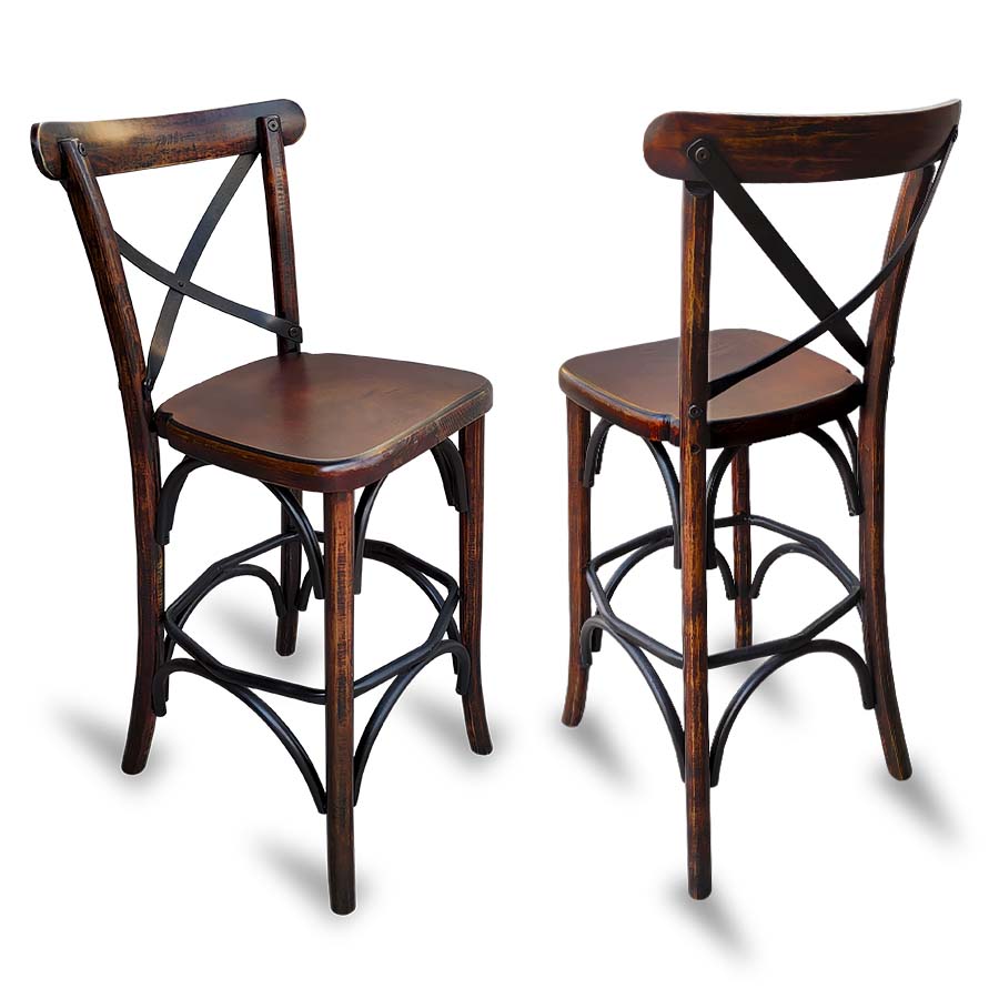 Barra de bar con bancos de madera crossback vintage Nogal Deslavado