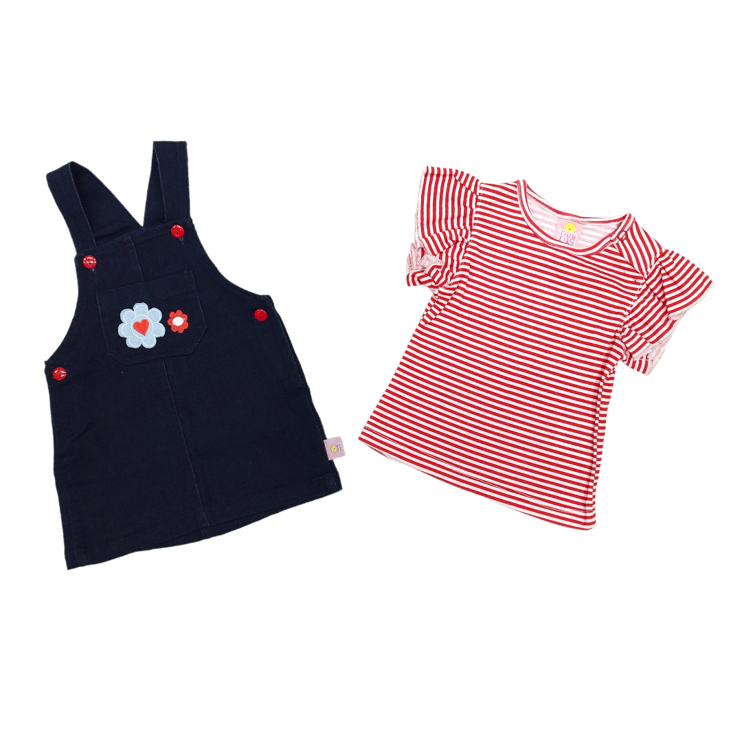 Falda Jumper Mezclilla Flores Y Blusa Manga Corta Bebé Niña