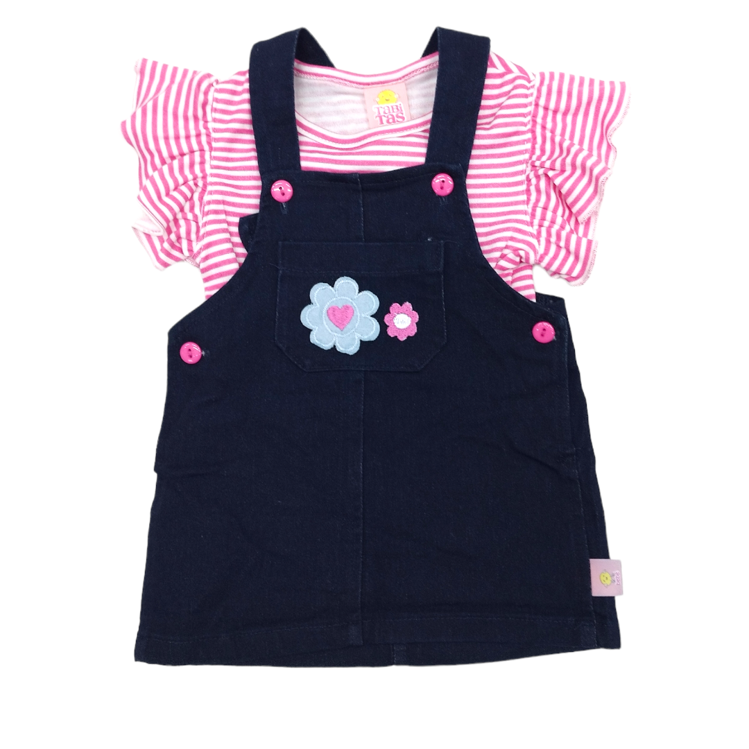 Falda Jumper Mezclilla Flores Y Blusa Manga Corta Bebé Niña