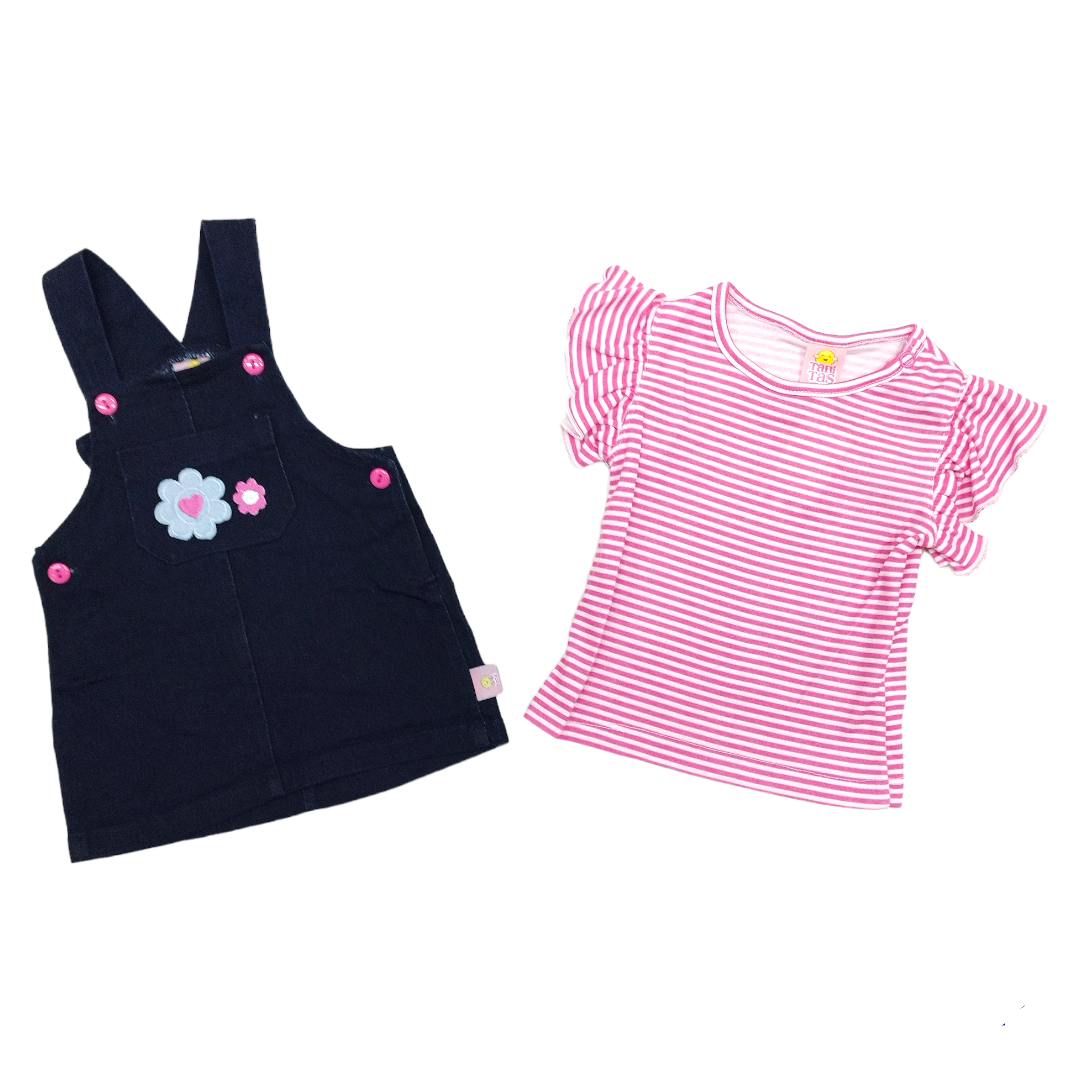 Falda Jumper Mezclilla Flores Y Blusa Manga Corta Bebé Niña