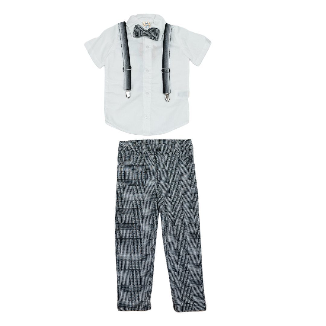 Set 4p Camisa Manga Corta,tirantes, Moño Y Pantalón Cuadro Niño 2 hasta 6 años