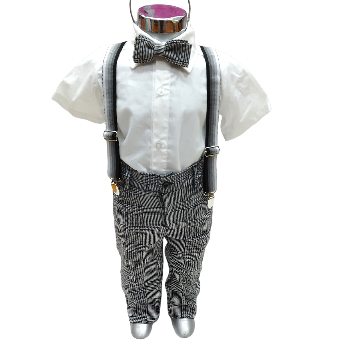 Set 4p Camisa Manga Corta,tirantes, Moño Y Pantalón Cuadro Niño 2 hasta 6 años