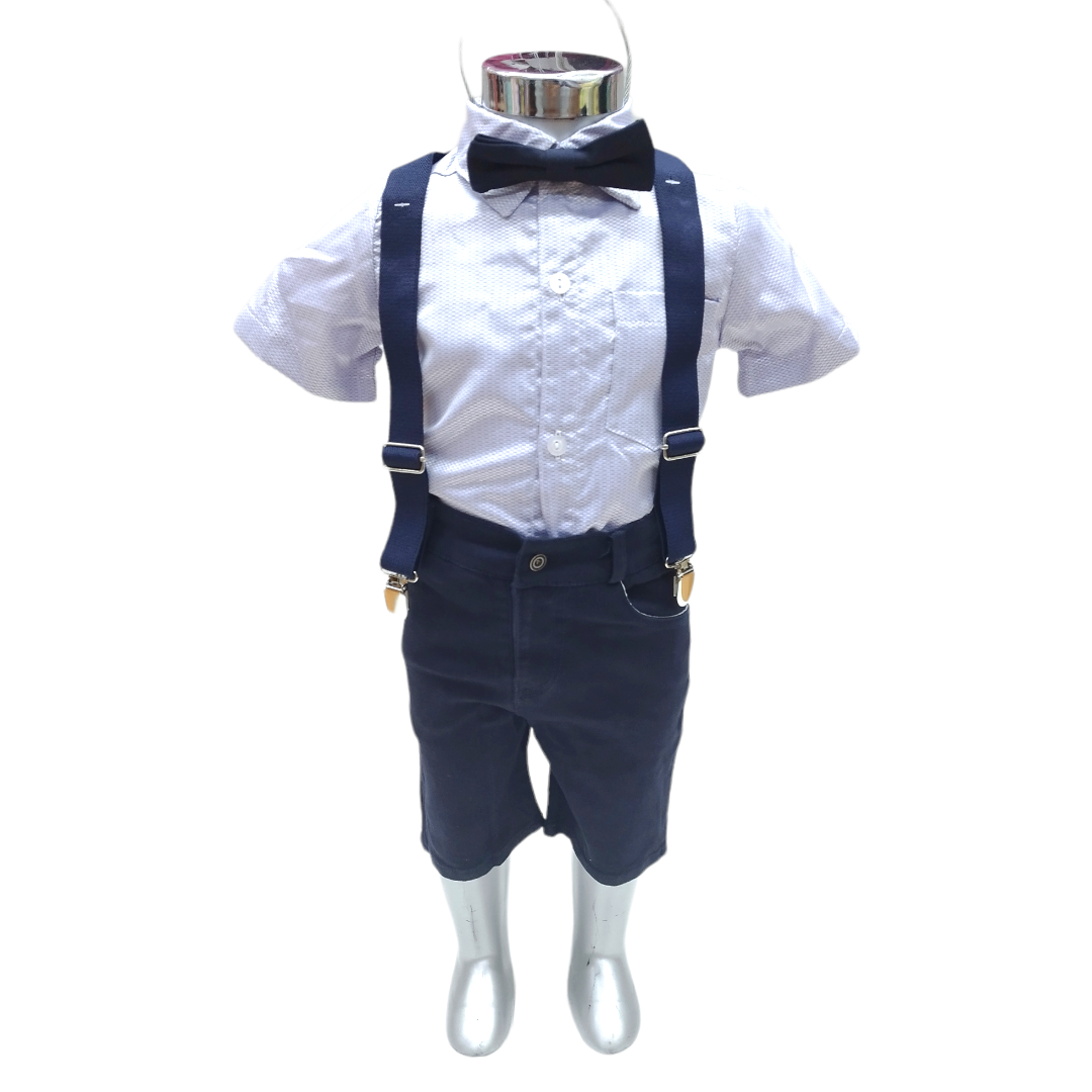 Set 4P Camisa Manga Corta,tirantes, Moño Y Short Gabardina Niño 2 hasta 6 años