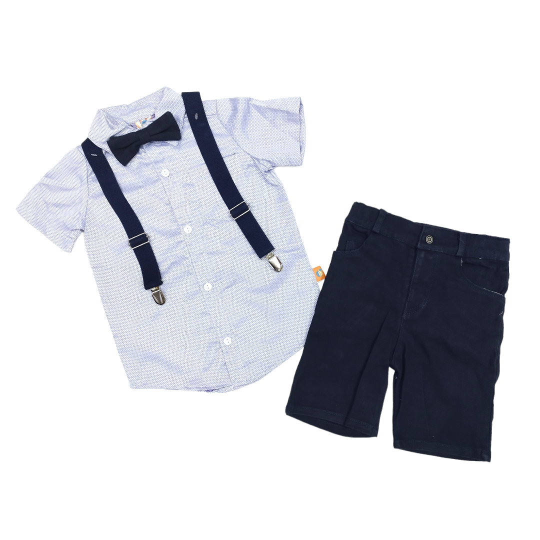 Set 4P Camisa Manga Corta,tirantes, Moño Y Short Gabardina Niño 2 hasta 6 años