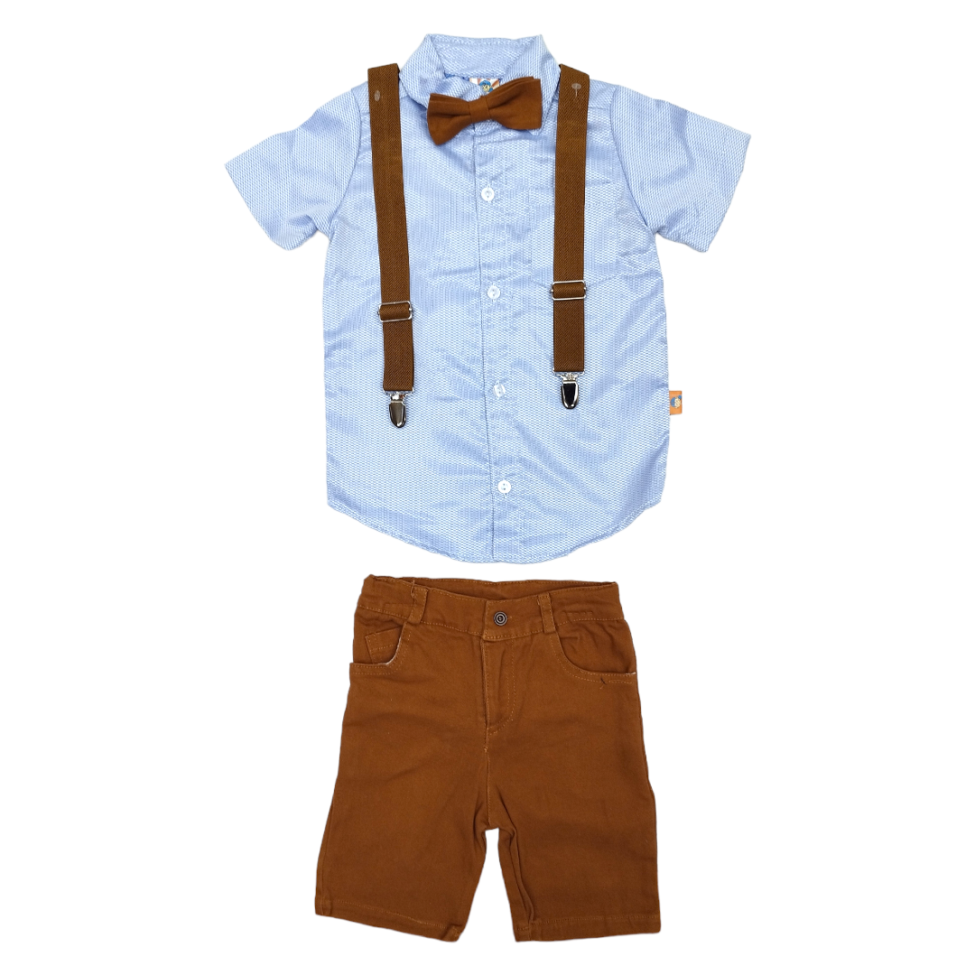 Set 4P Camisa Manga Corta,tirantes, Moño Y Short Gabardina Niño 2 hasta 6 años