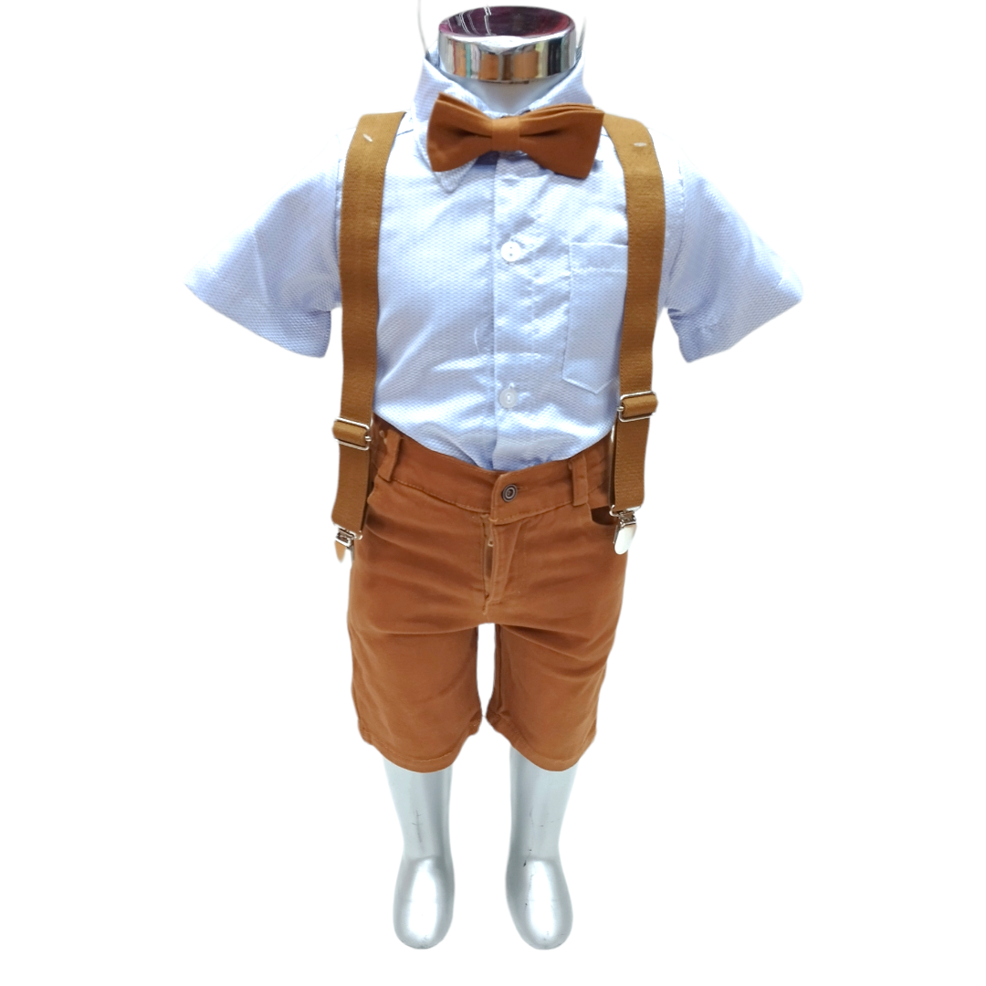 Set 4P Camisa Manga Corta,tirantes, Moño Y Short Gabardina Niño 2 hasta 6 años