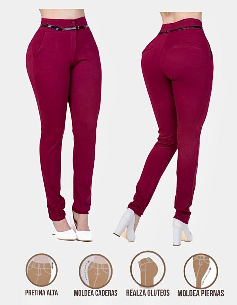 Pantalón Dama Moda Mujer Tiro Alto Vestir Levanta pompa color tinto