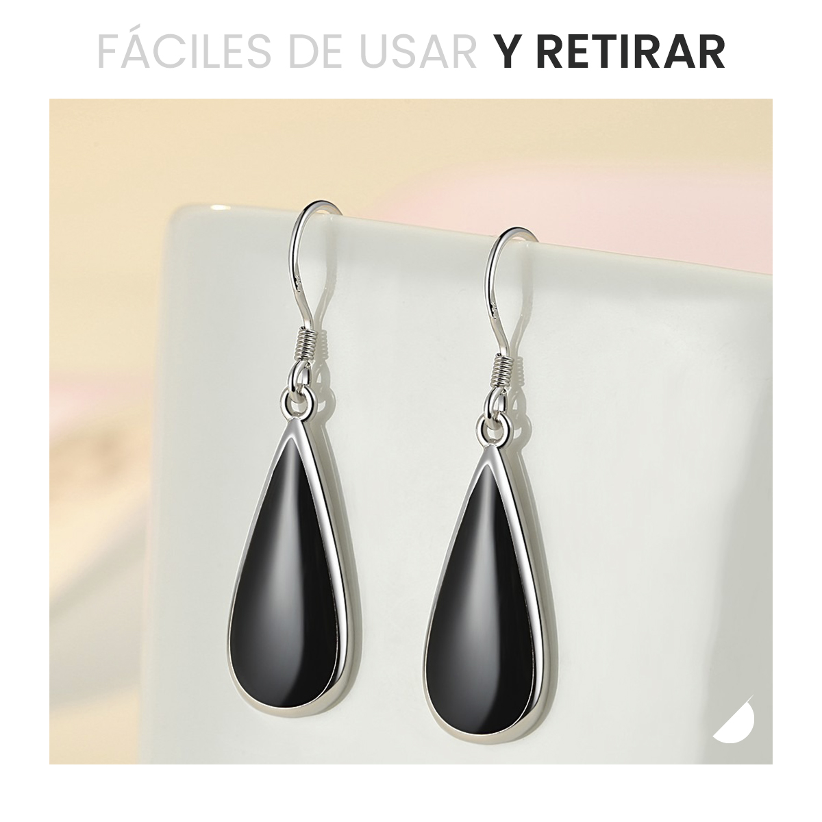 Aretes Plata 925 Pendientes Minimalistas Negros Diseño Gota