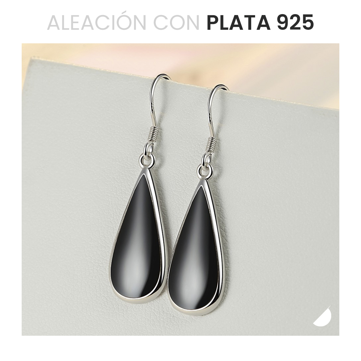 Aretes Plata 925 Pendientes Minimalistas Negros Diseño Gota