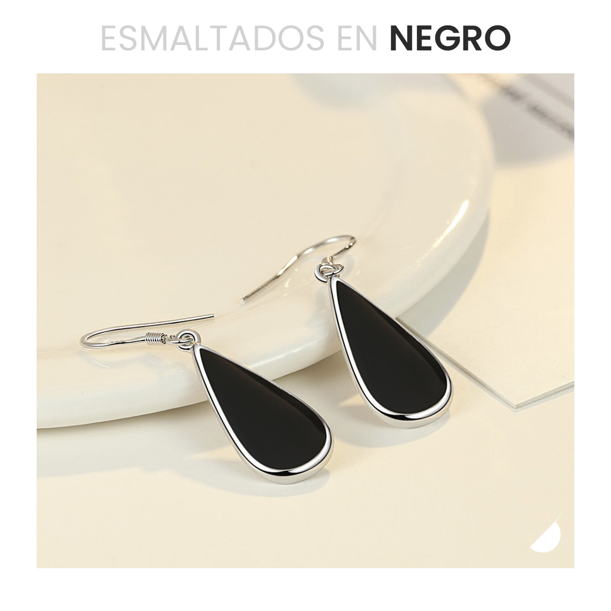 Aretes Plata 925 Pendientes Minimalistas Negros Diseño Gota