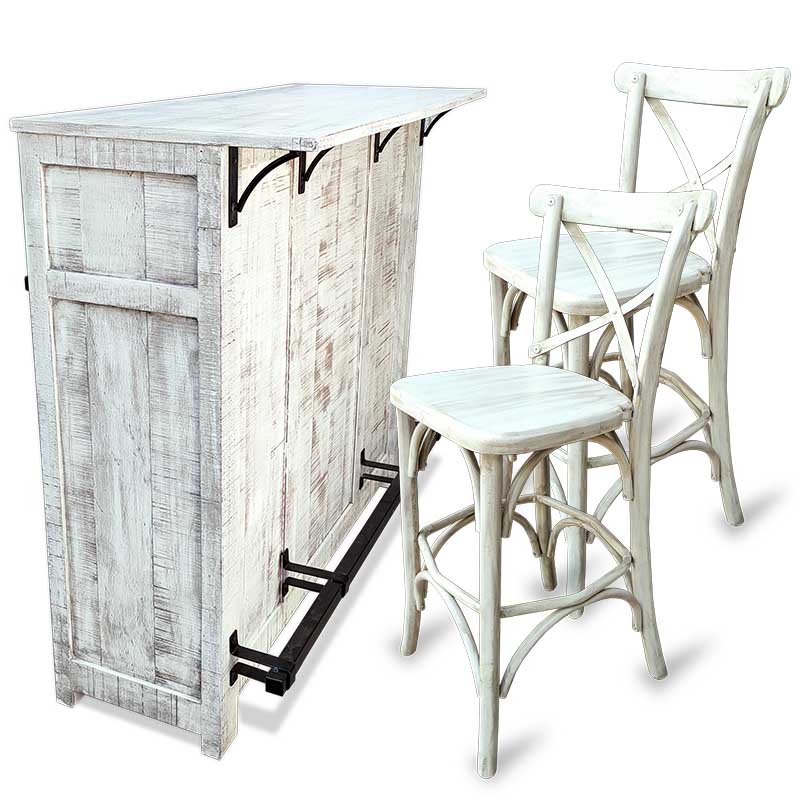 Barra de bar con bancos de madera crossback vintage Blanco