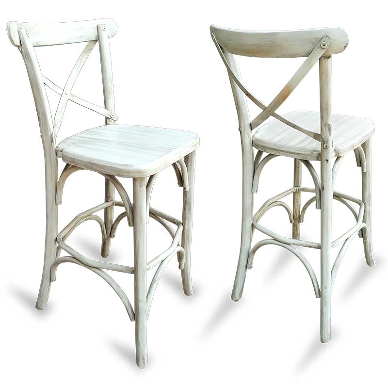 Barra de bar con bancos de madera crossback vintage Blanco