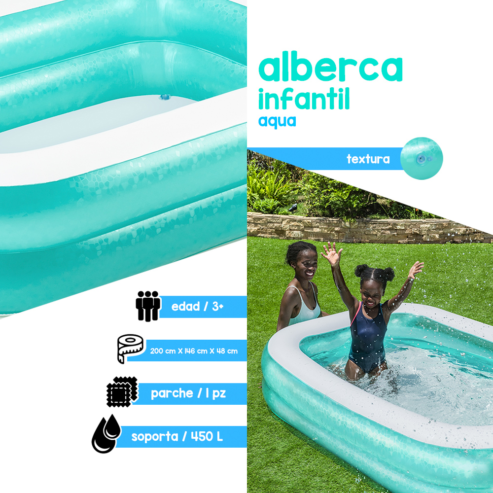 BESTWAY Piscina Familiar Inflable, Rectangular Azul con Capacidad de Agua, 450 L