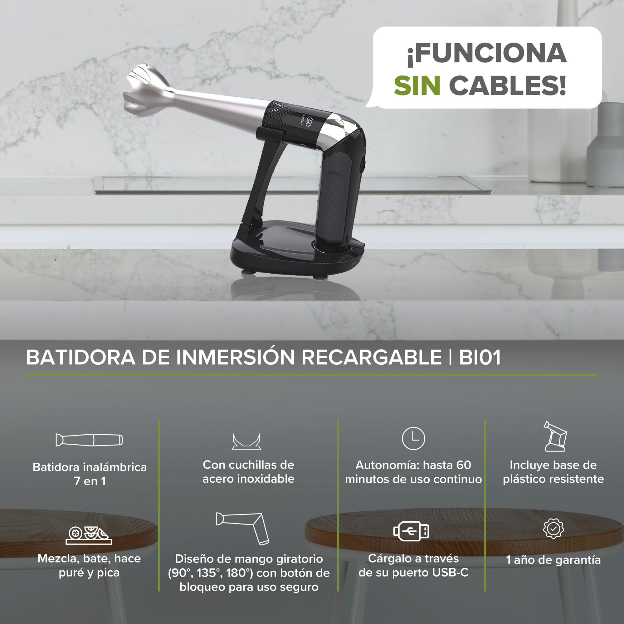 Batidora de pie multifuncional 3 en 1, 5.5 L — Avera