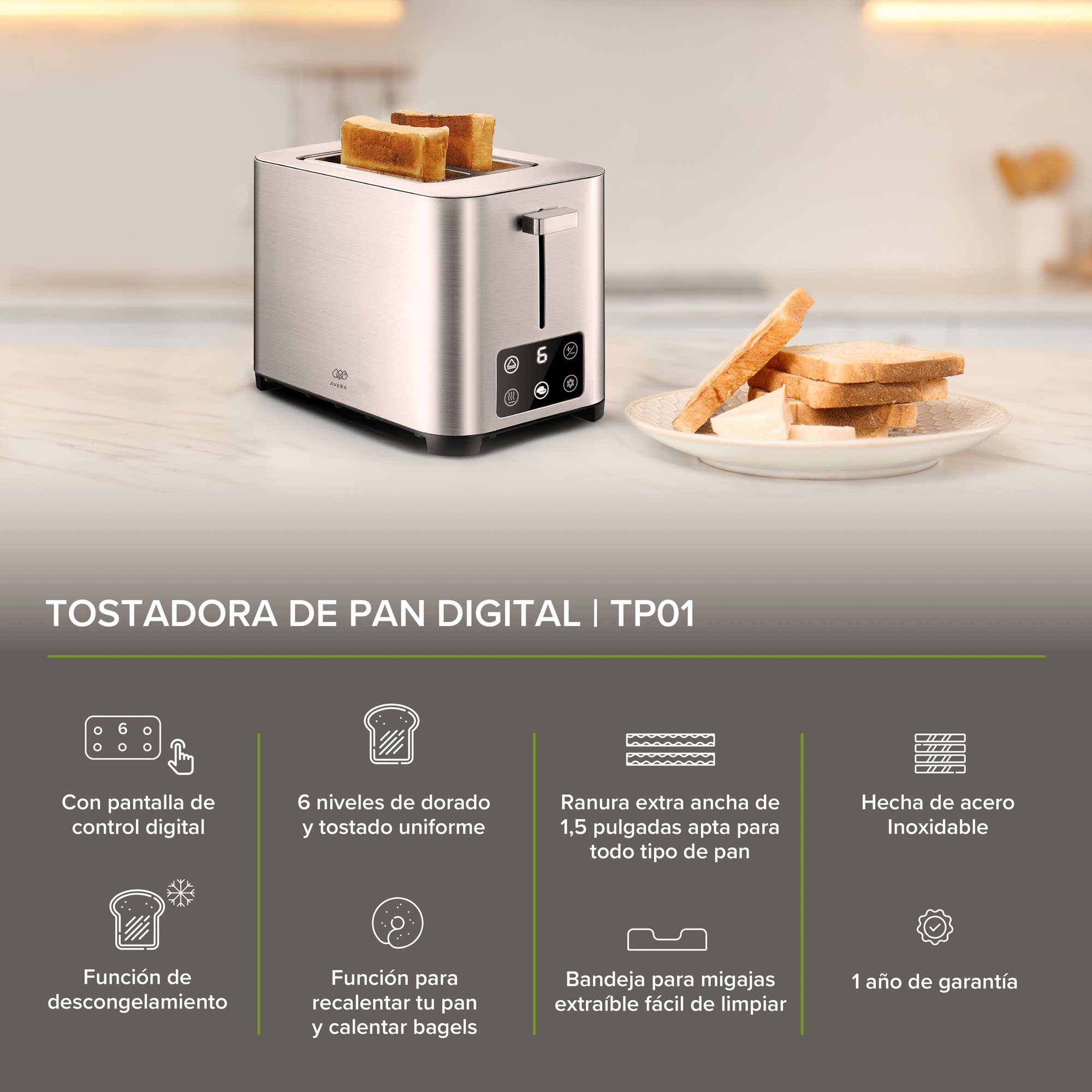 Tostador De Pan Con Panel Digital Ajustable  Avera TP01