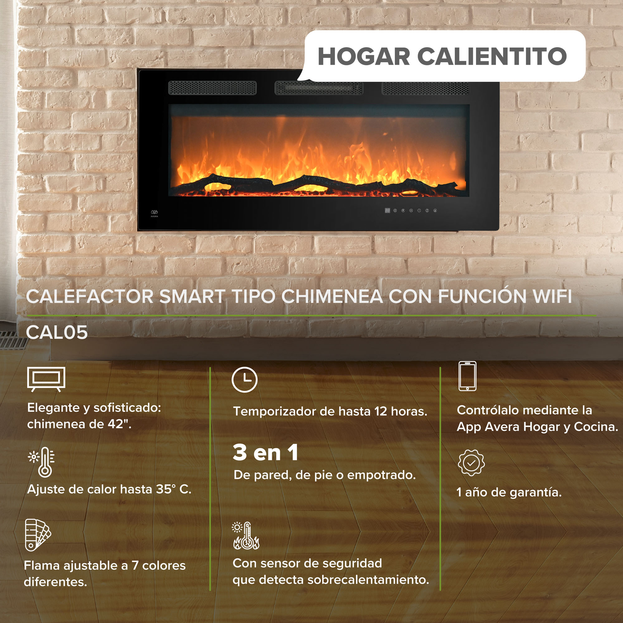Calefactor Tipo Chimenea Luz Led Ajustable WiFi Avera CAL05