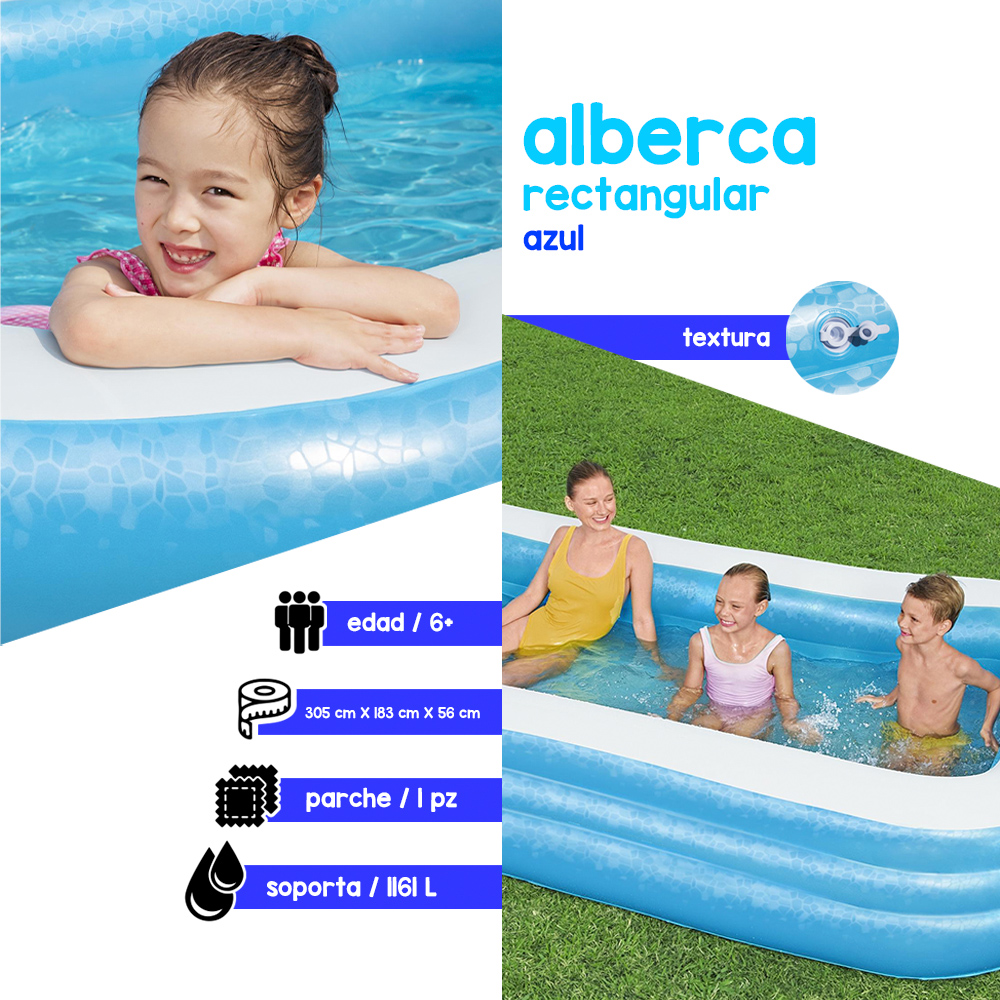 BESTWAY H2OGO! Piscina Familiar Inflable Rectangular Azul de 8 pies 6 Pulgadas, Perfecta para niños, a Partir de 6 años