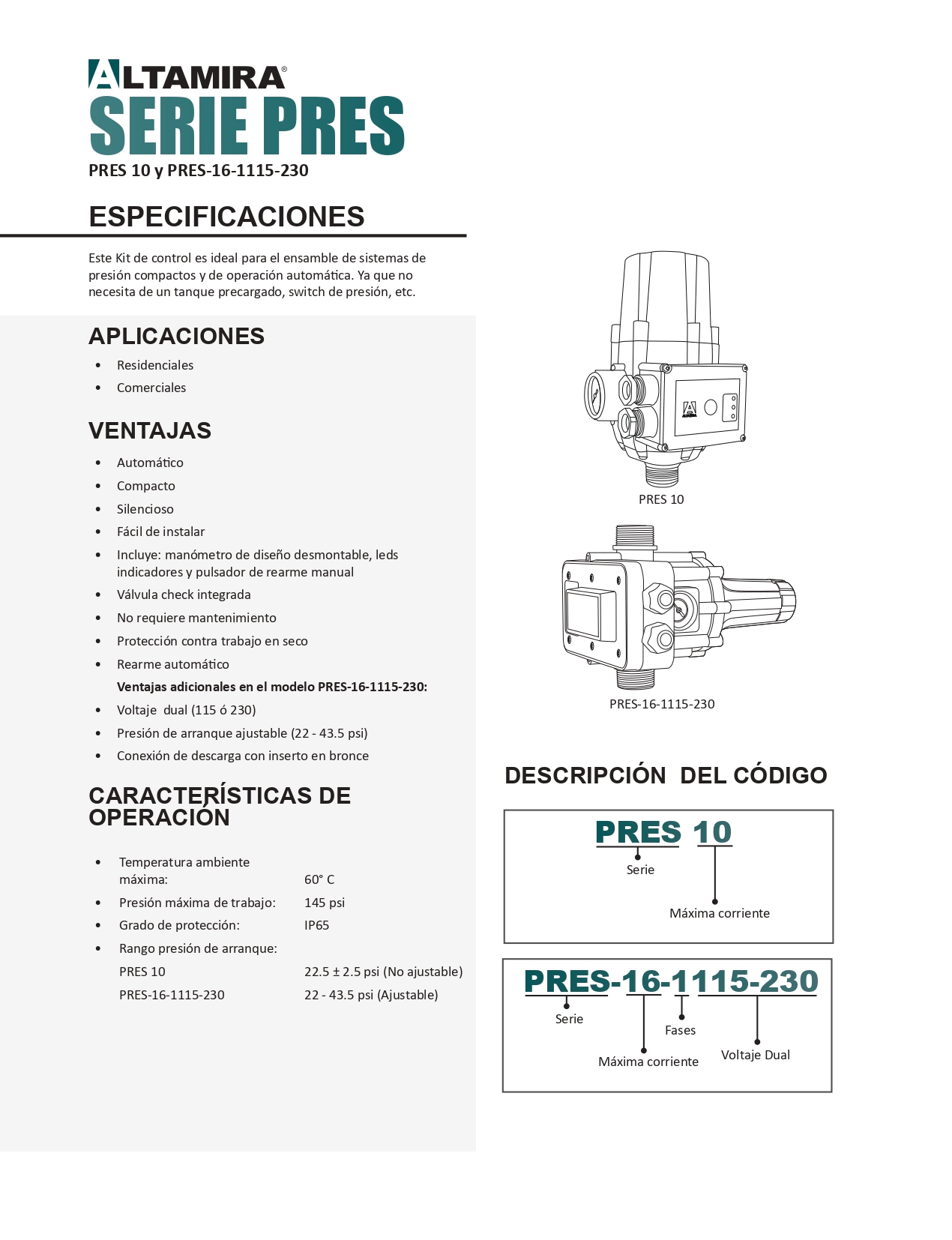 Kit de Presión Altamira Modelo PRES 10