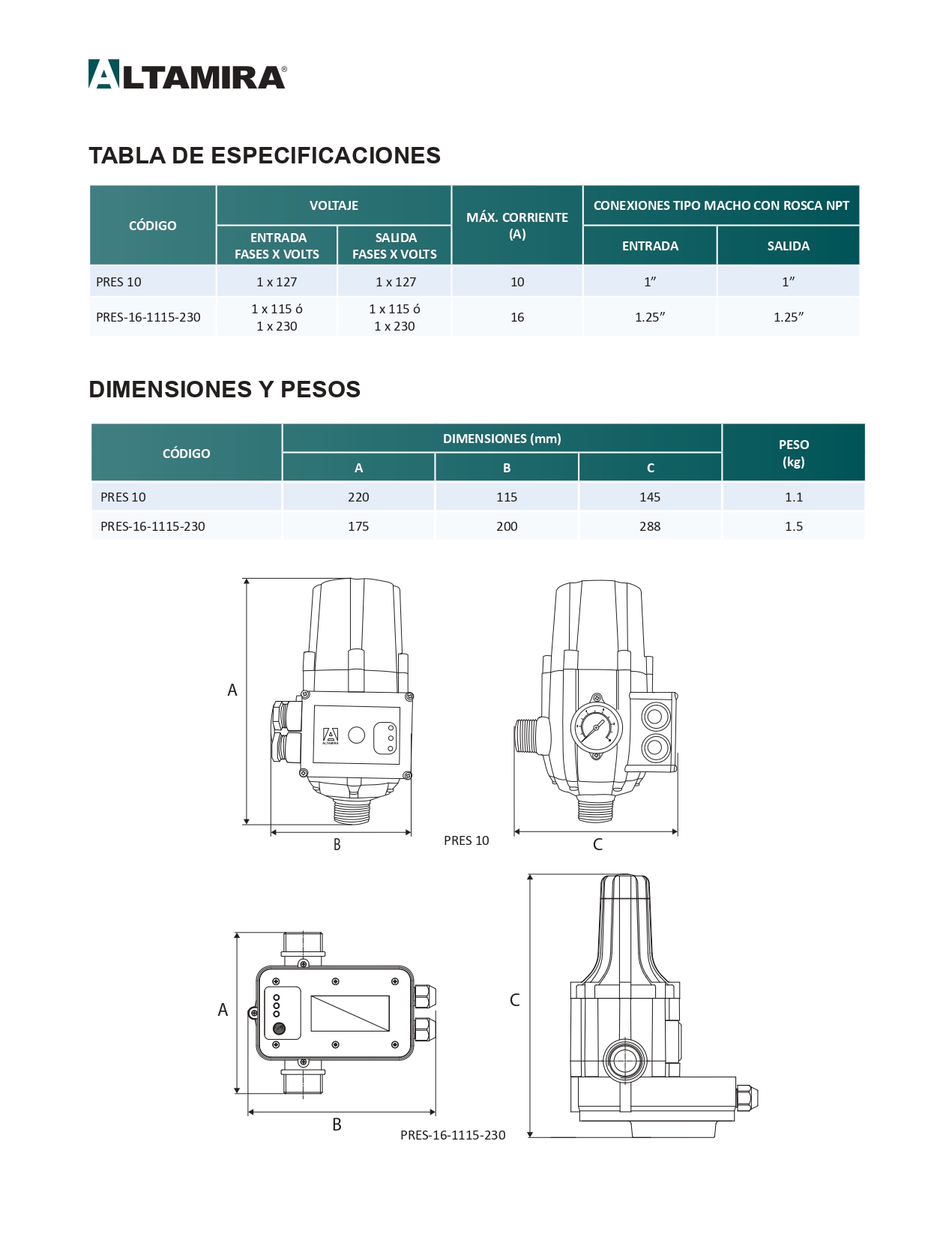 Kit de Presión Altamira Modelo PRES 10