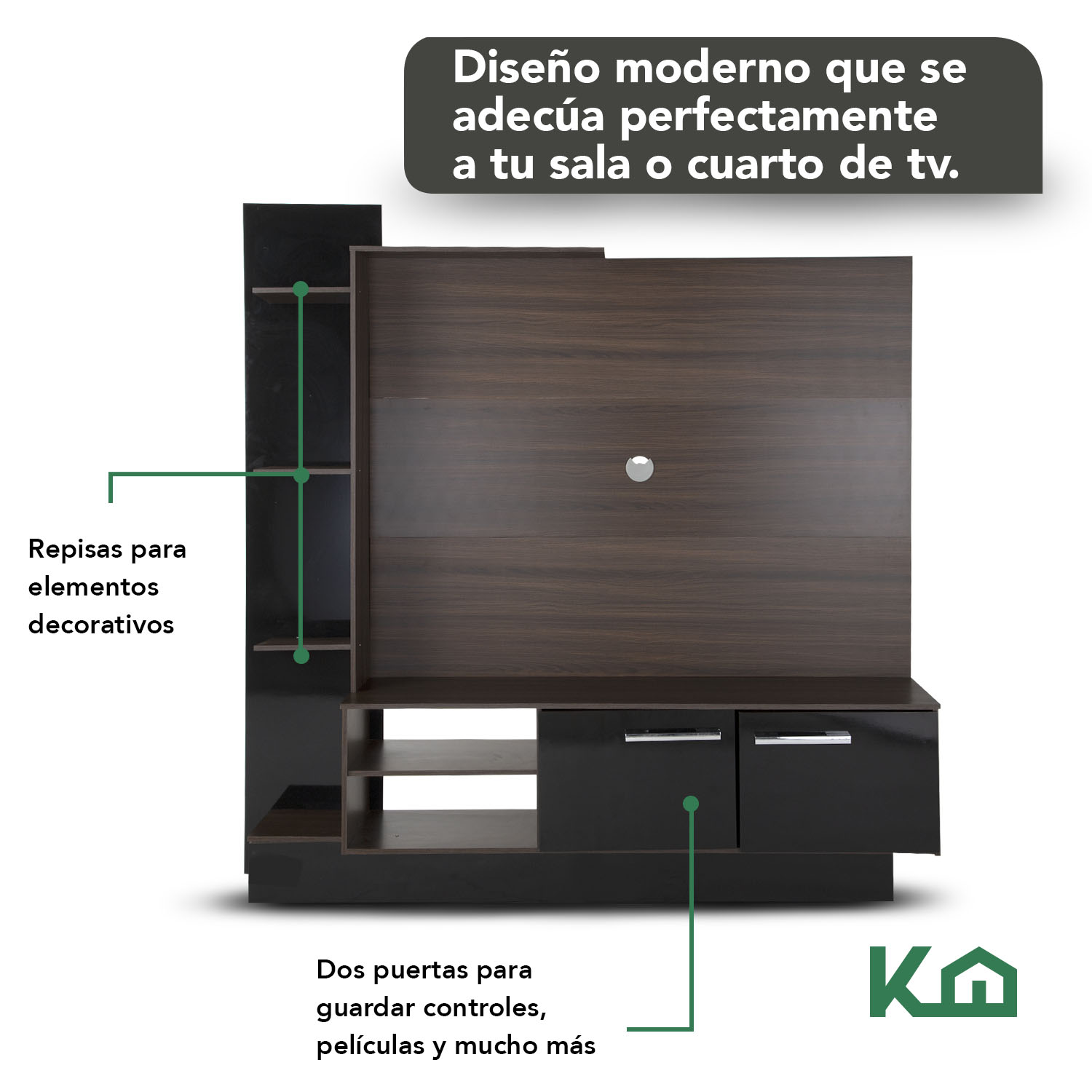 Mueble Modular De Tv + Paneles Y Repisas Castaño Con Negro