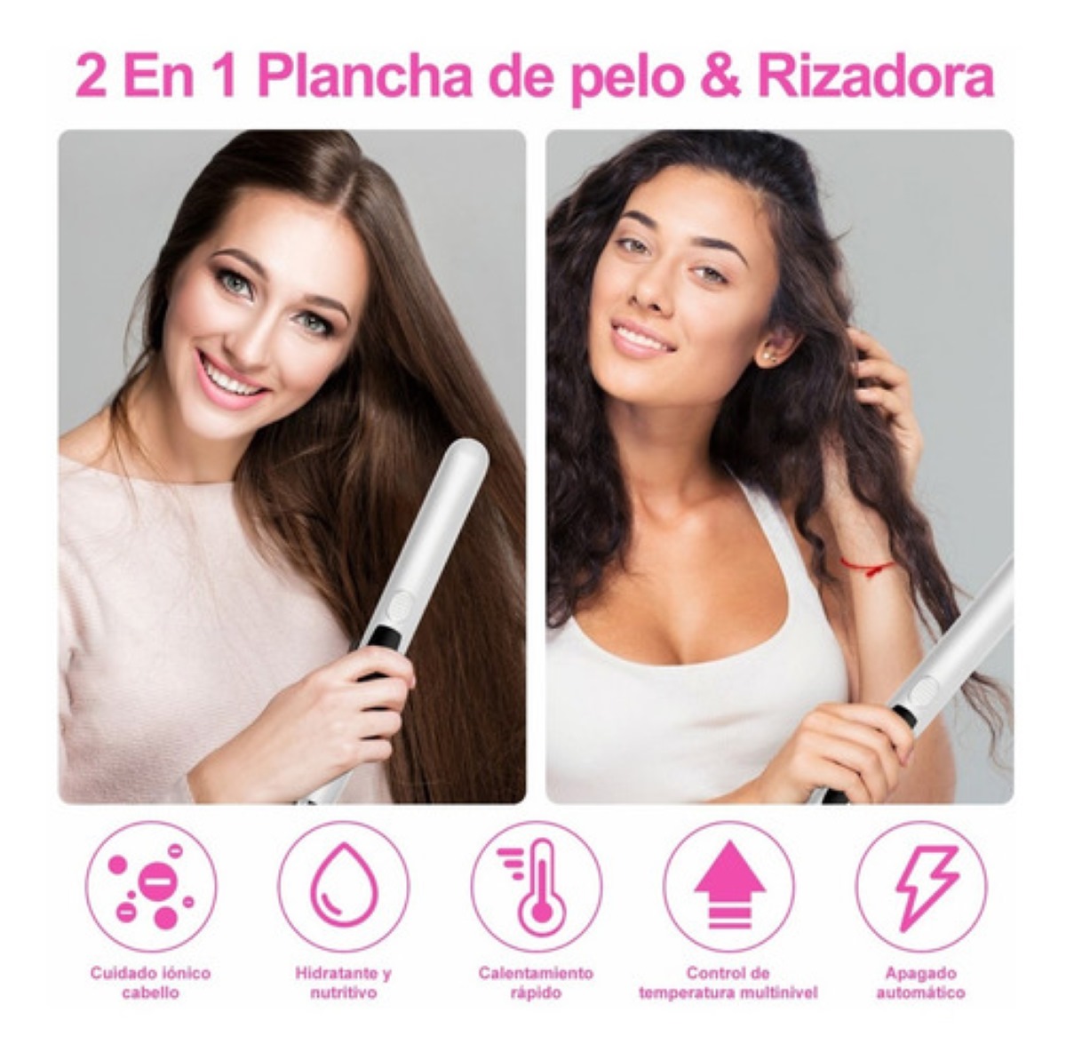 Plancha Para Cabello, 2en1 De Ceramica Color Gris con Rosa