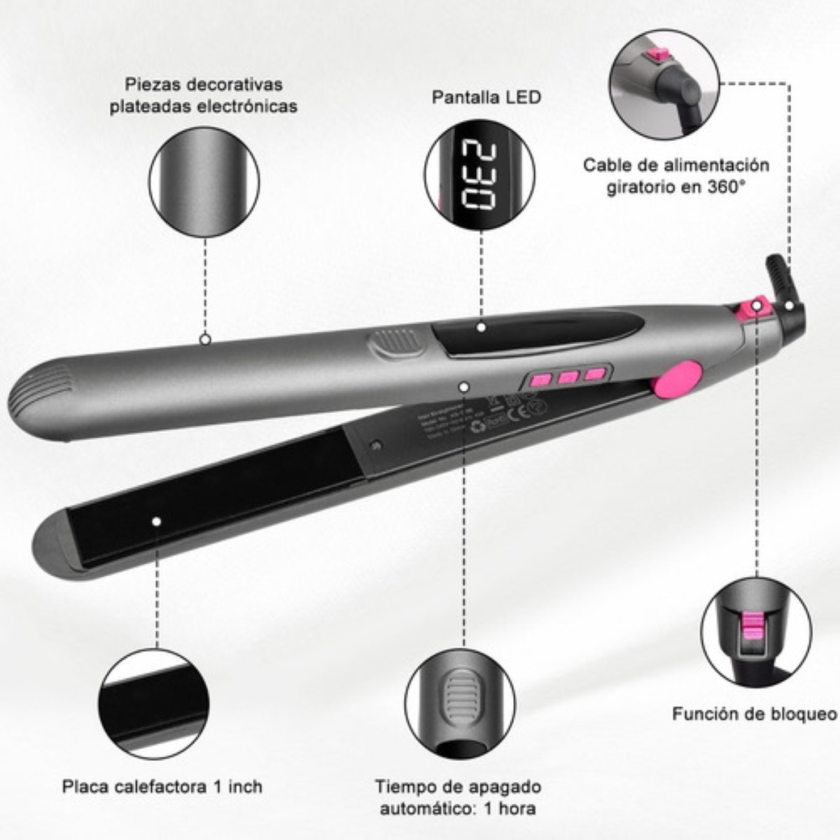Plancha Para Cabello, 2en1 De Ceramica Color Gris con Rosa