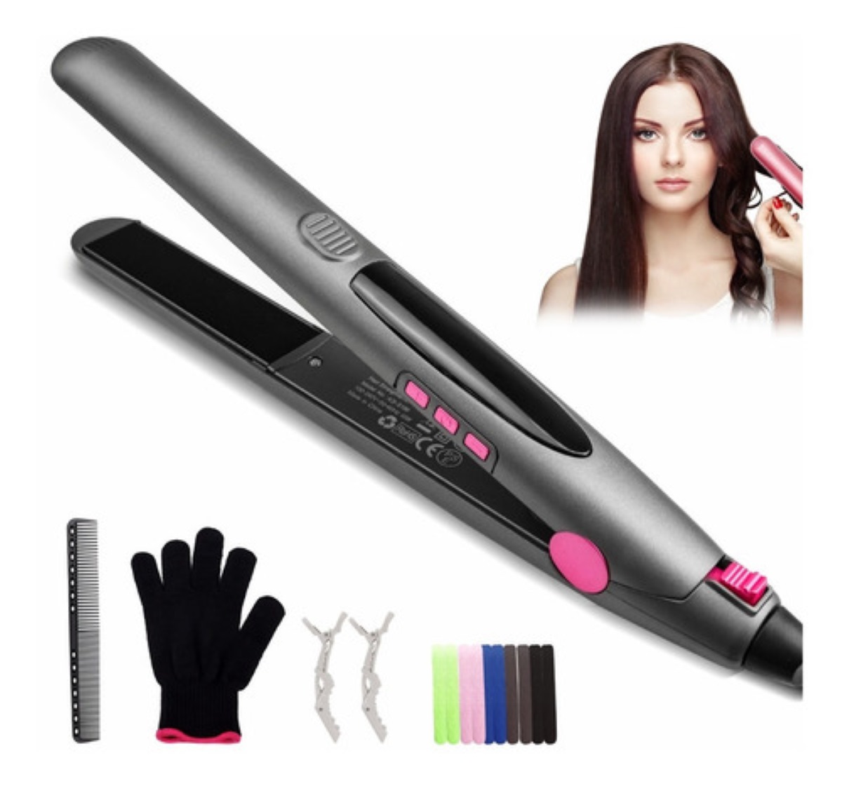 Plancha Para Cabello, 2en1 De Ceramica Color Gris con Rosa