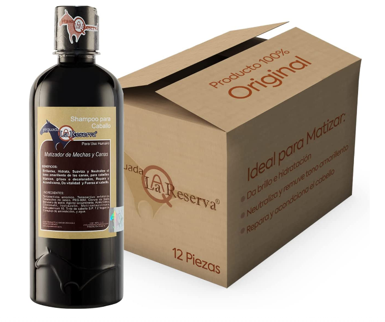 Shampoo MATIZADOR de Mechas y Canas Yeguada la Reserva Tratamiento Matizante, Elimina Tonos Deslavados, Amarillos, Rojos y Verdes por Tintes y Decoloraciones Shampoo para Caballo para uso humano  500 ml. (12 Botellas)