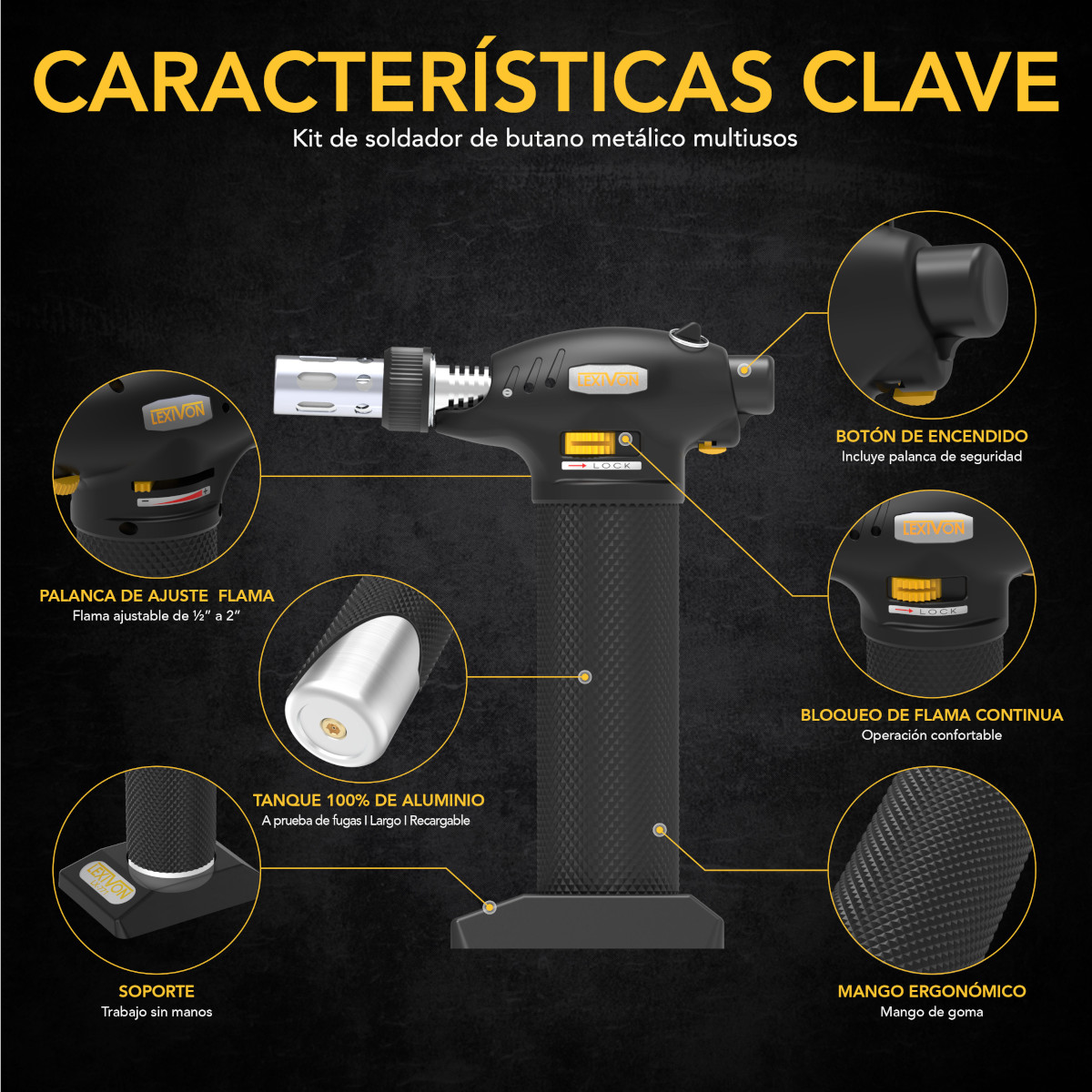 Soplete Soldador Gas butano LEXIVON Inalámbrico con 7 puntas