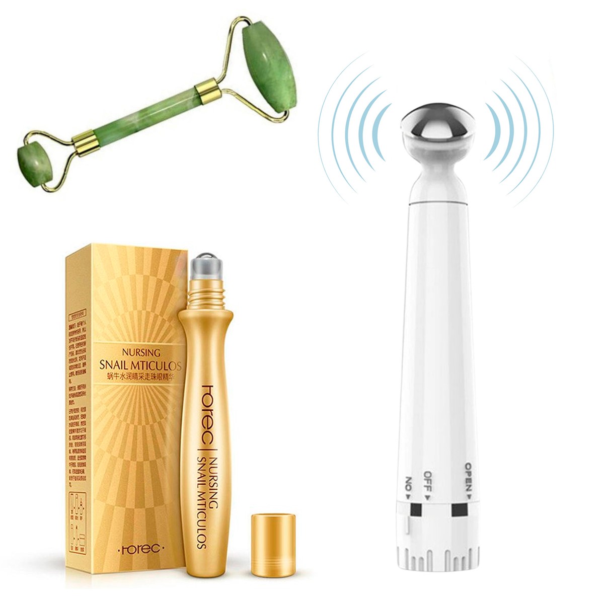 Masajeador Electrico Para Ojos Hidratante Anti Arrugas Anti Ojeras Mas Roll-On Rorec Baba De Caracol, Masajeador Para Ojos Eléctrico Para Eliminar Ojeras Y Lineas de Expresion Mas Rodillo Jade