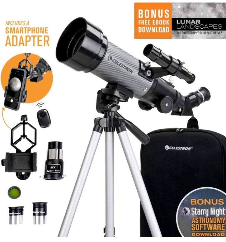 Telescopio refractor portátil DX de 70 mm óptica de vidrio revestida adaptador de SmartPhone 