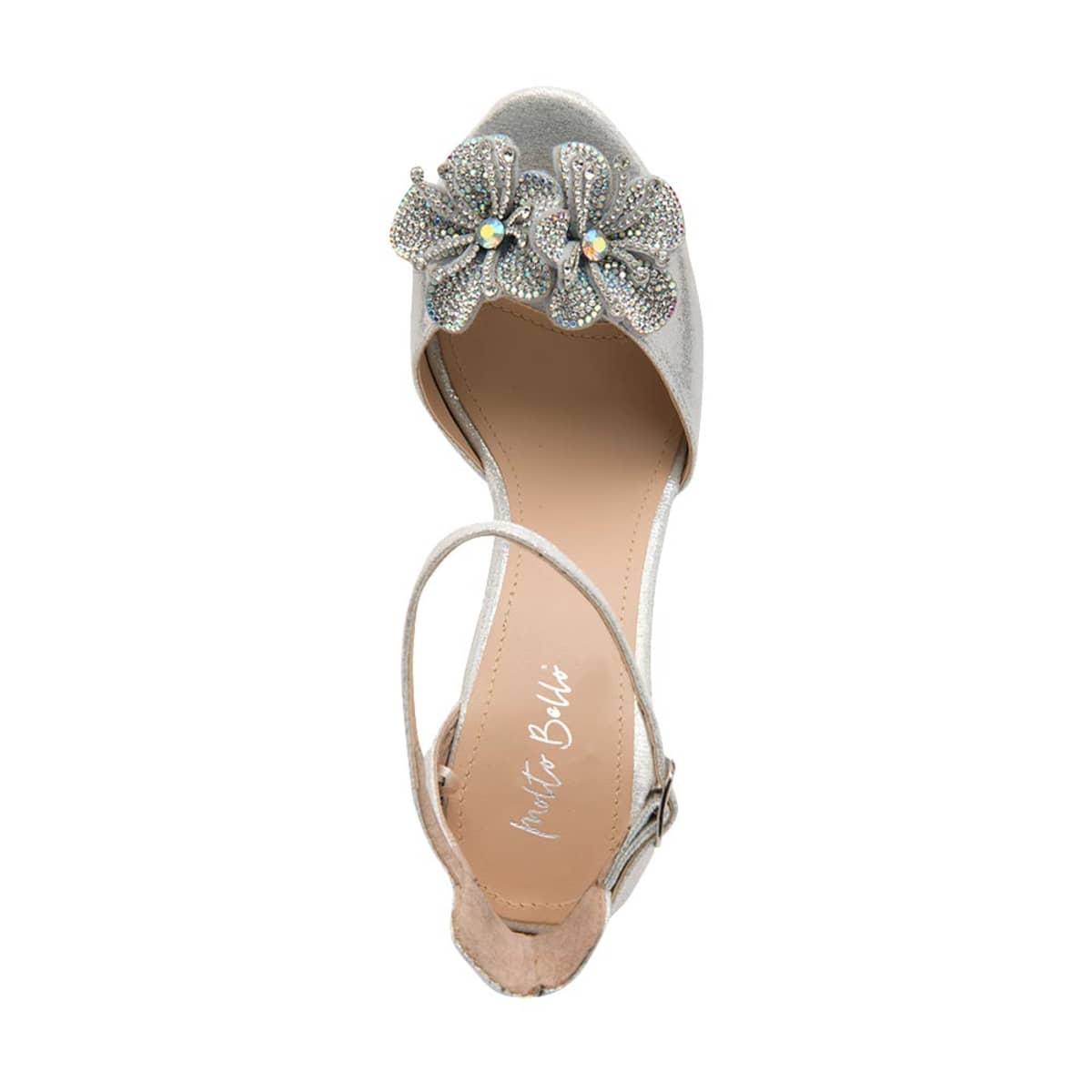 Sandalia para Mujer con Tacón Alto y Adorno de Flor estilo T-bar color Plata, marca Molto Bello. 1084455