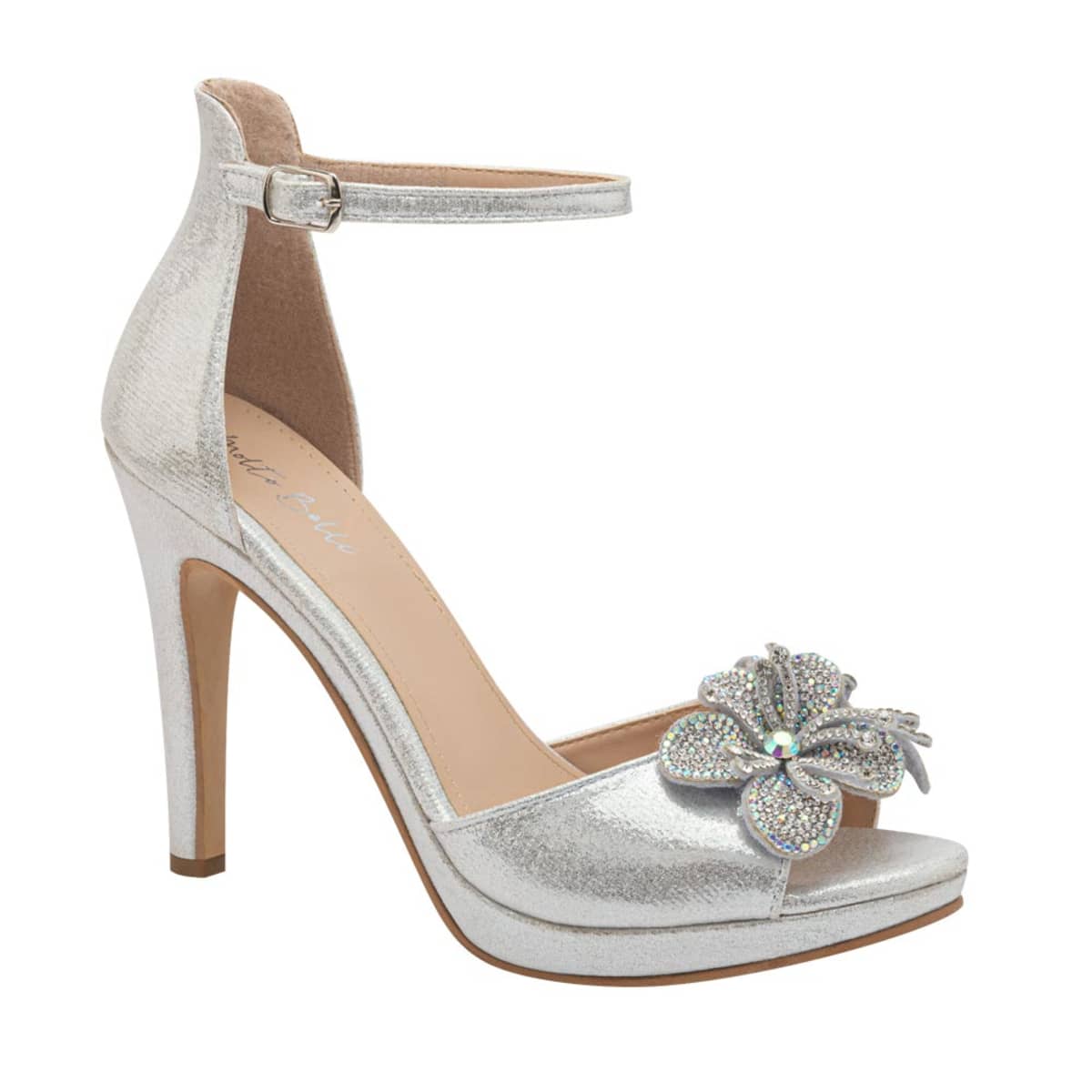 Sandalia para Mujer con Tacón Alto y Adorno de Flor estilo T-bar color Plata, marca Molto Bello. 1084455