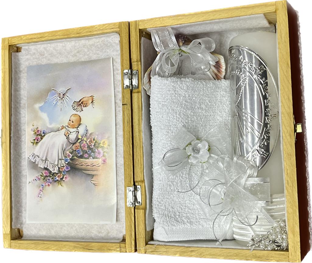 Kit De Bautizo Incluye Toalla, Vela, Concha Y Rosario Virgen