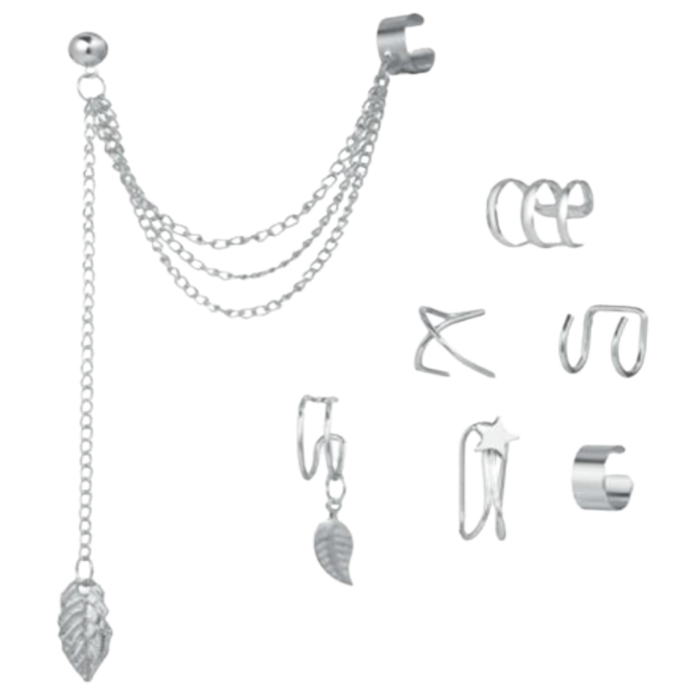 Aretes de Clip, Aretes de Cartílago, Aretes Trepadores de Cadena Punk, Aretes de Aro Ear Cuff Clip On No Piercing - Plateados