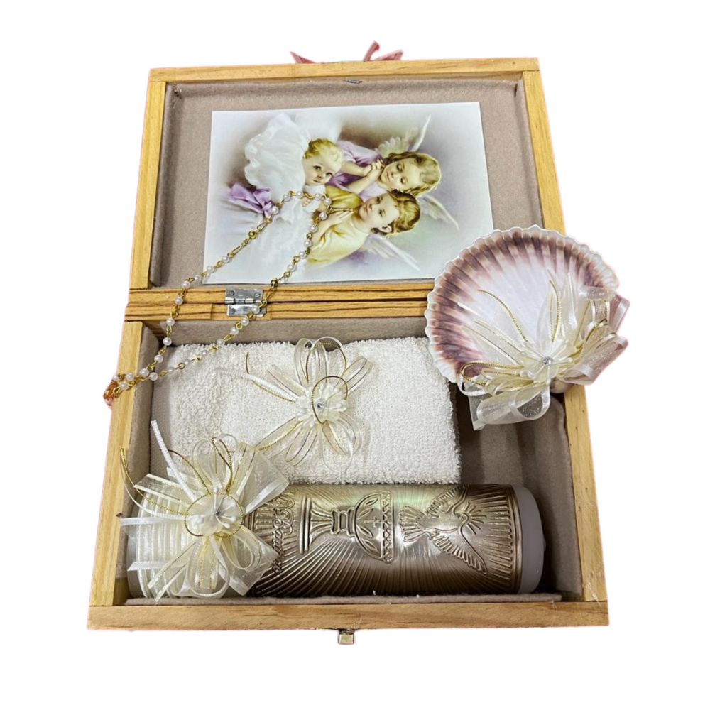 Kit De Bautizo Incluye Toalla, Vela, Concha, Rosario Sagrado