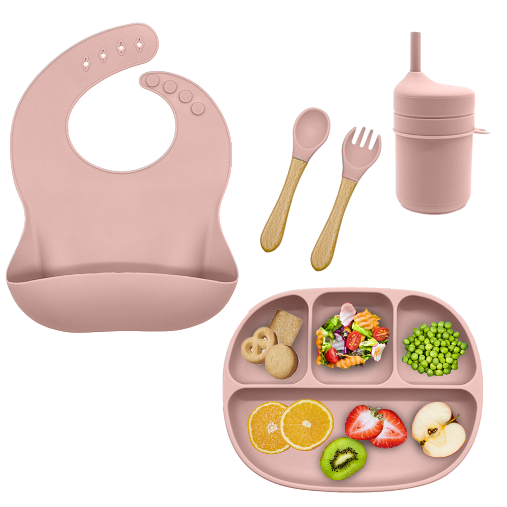 Set comida para bebe de silicona vaso plato cubiertos babero SIN BPA.