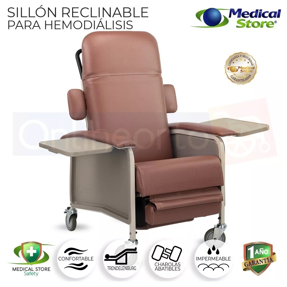 Sillón Hemodiálisis Reclinable Rosa 3 Posiciones 2 Charolas