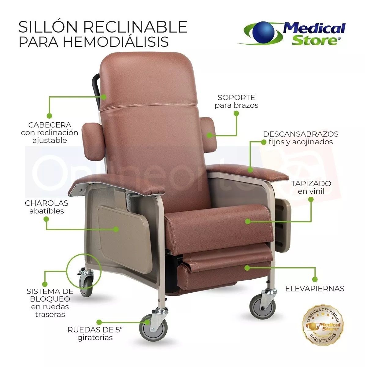 Sillón Hemodiálisis Reclinable Rosa 3 Posiciones 2 Charolas