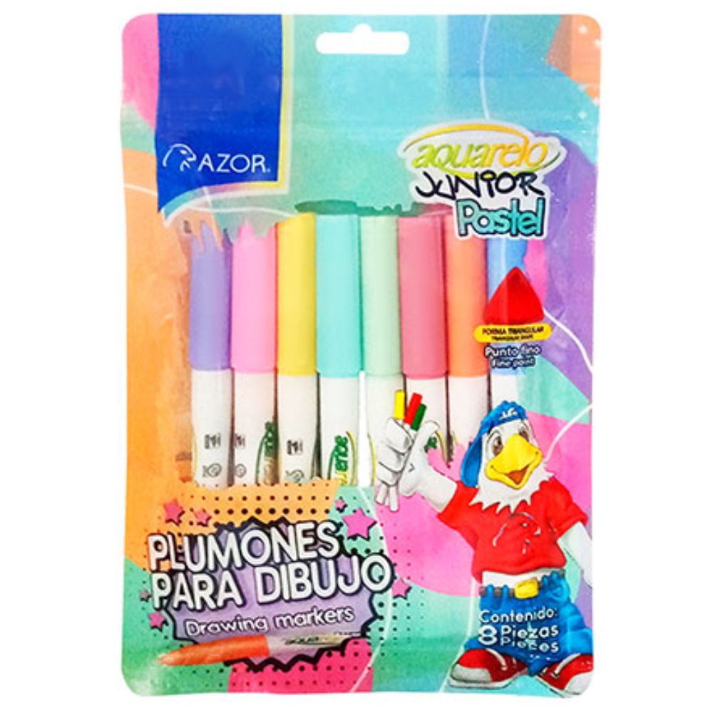 Plumones para dibujo 8 colores pastel Aquarelo Junior Azor