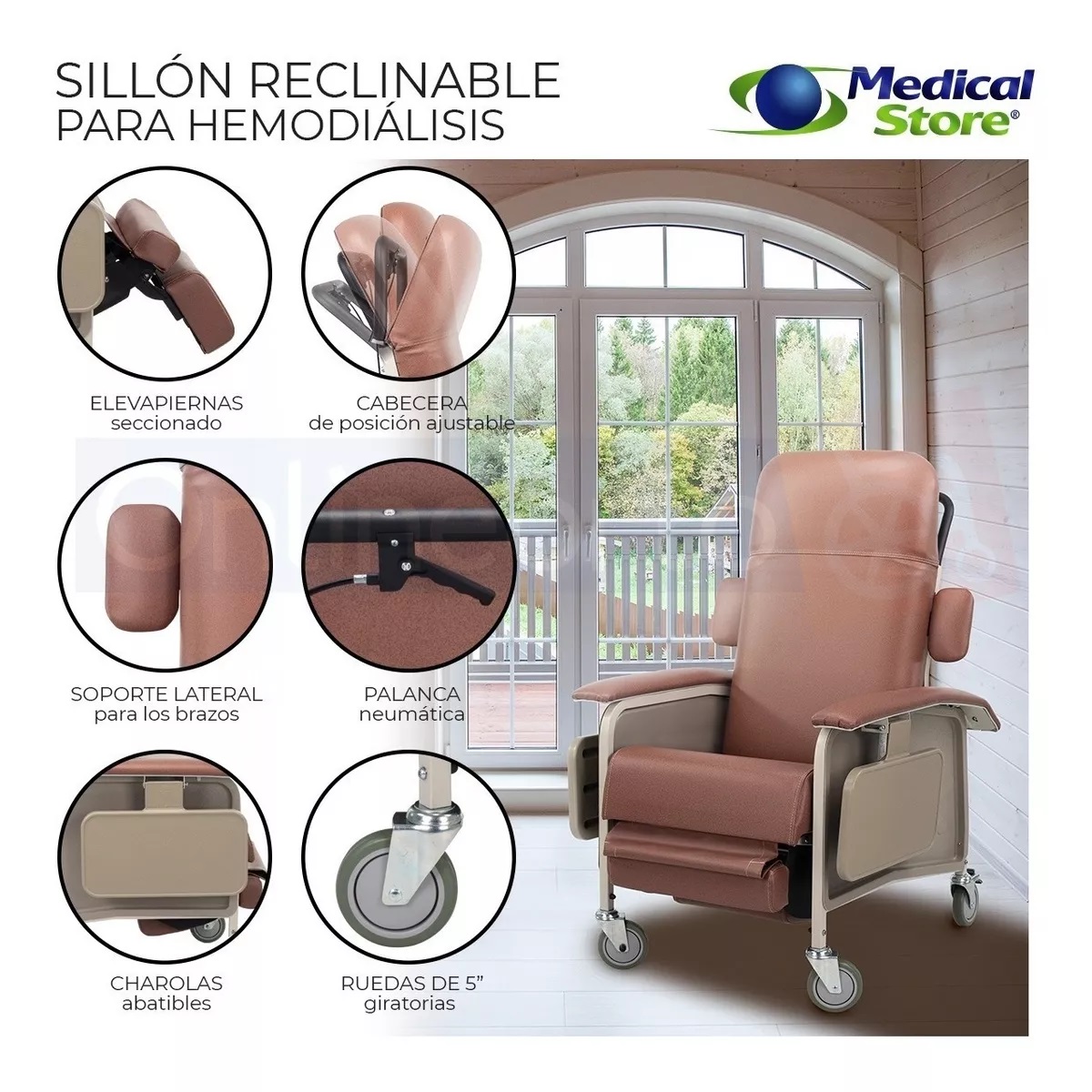 Sillón Hemodiálisis Reclinable Rosa 3 Posiciones 2 Charolas