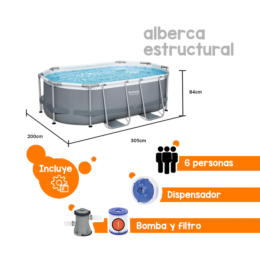 Alberca Piscina Ovalada Estructural Bestway Con Accesorios 3668 Lts 305 Cm Gris
